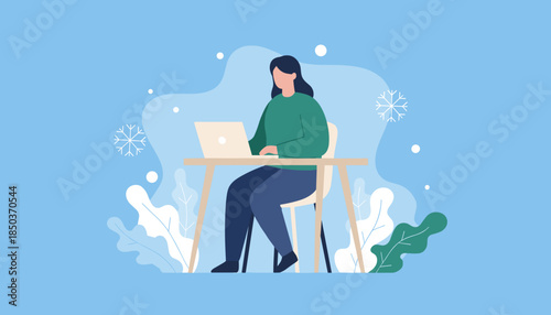 Woman teleworking on laptop in winter scene Flat vector illustration of remote work or freelance concept
