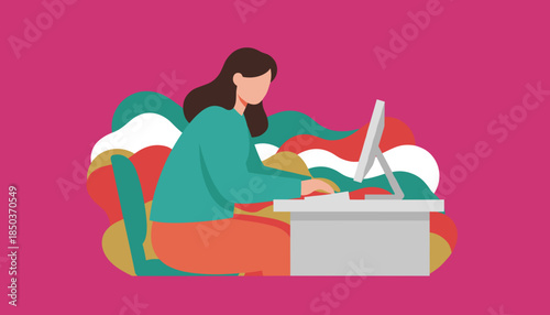Woman working on desktop computer illustration Remote job productivity and modern business concept