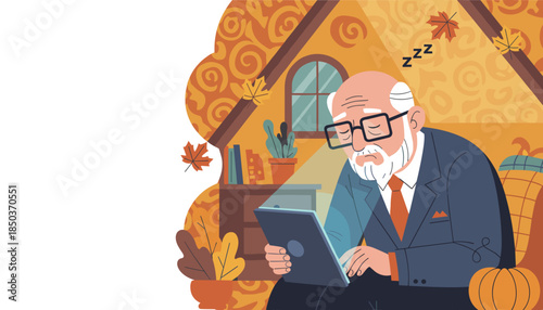 Elderly man falling asleep while using a tablet in a cozy autumn home environment