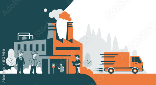 Logistics and production illustration Workers and truck outside a factory building