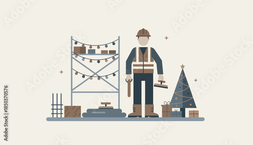 Construction worker illustration with festive Christmas tree tools and illuminated site decorations