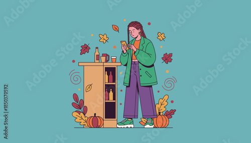 Young woman using phone near bar decorated for autumn party with pumpkins and leaves