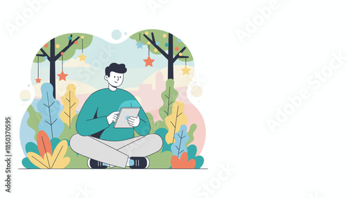 Man using a tablet in a whimsical park Leisure remote work connectivity and digital technology concept