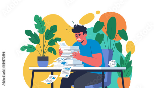 Overwhelmed employee struggling with a huge stack of documents symbolizing extreme stress and workload