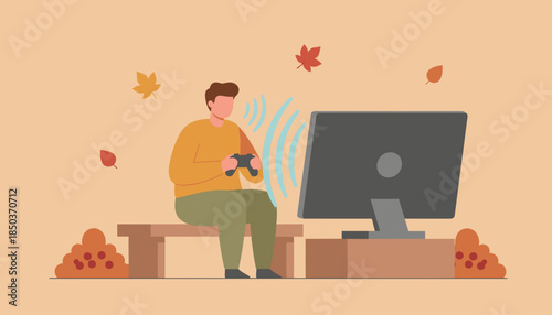 Autumn gaming setup Man playing video games with a wireless controller on a desktop monitor