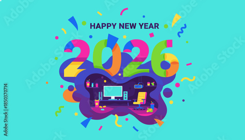 Happy New Year 2026 vibrant vector design with abstract workfromhome office illustration and confetti