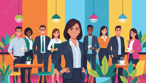 Confident leader and diverse team meeting in a bright modern corporate setting