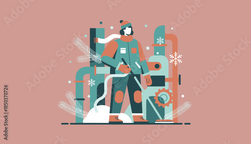 Worker operating winter industry machinery Flat design concept for cold climate production or maintenance