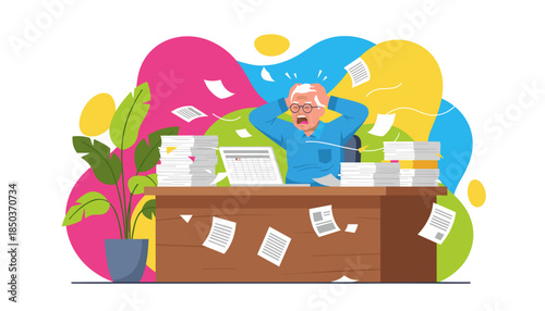 Overwhelmed senior employee panics at his desk due to massive paperwork and deadline stress