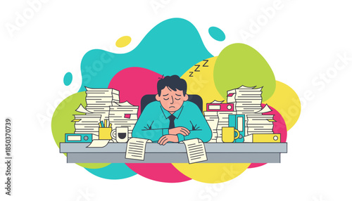 Stressed businessman sleeping amid massive paperwork stacks burnout overload deadline pressure concept