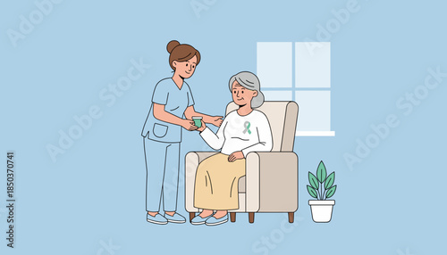 Caregiver assists senior woman wearing an awareness ribbon with medication Elder care