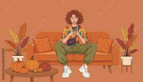 Woman uses phone on a couch in a cozy autumnal setting with pumpkins and plants