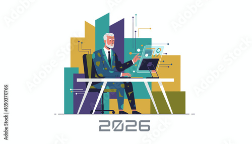 Senior manager analyzing financial data using futuristic technology Business strategy planning 2026 vector