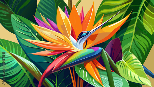 Very beautiful bird of paradise flower presented as a clean botanical portrait, emphasizing striking colors, sharp lines, and the iconic exotic shape associated with tropical landscapes.