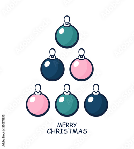 Vector Christmas tree made of colorful baubles with Merry Christmas text, cute flat cartoon holiday illustration isolated on white.