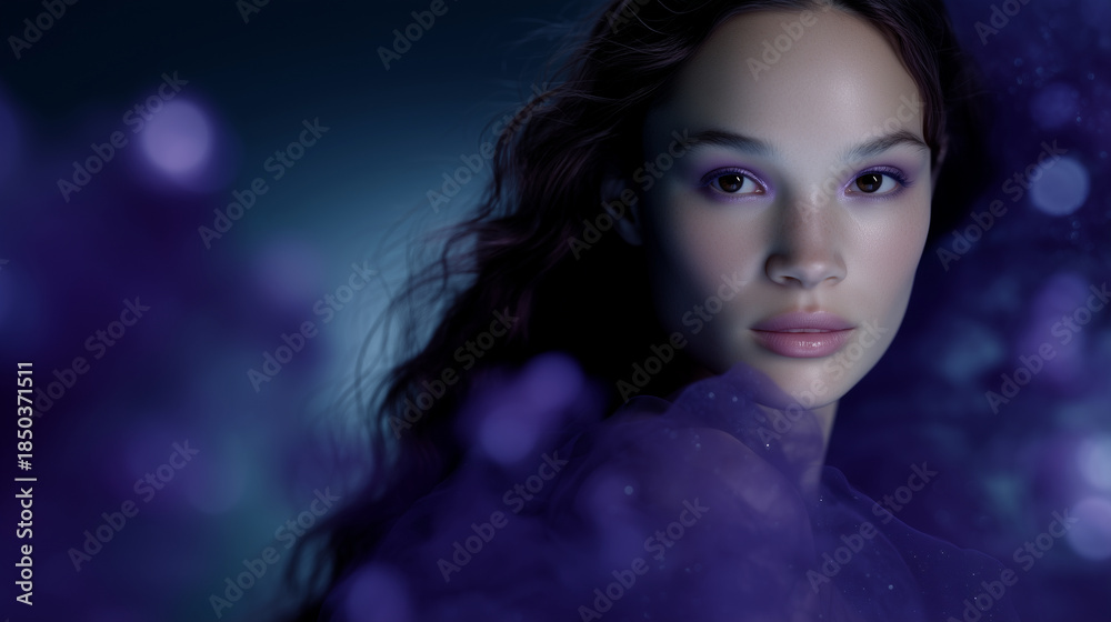 Fototapeta premium Ultra-high-resolution beauty portrait of a mystical woman with an ethereal, otherworldly presence, rendered in a refined AI-generated photorealistic style. The woman is shown in a
