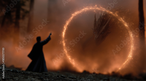 Ultra-high-resolution epic dark fantasy scene depicting a magician summoning a colossal dragon in a moment of arcane power and imminent danger. The sorcerer stands in the foregroun