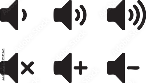 Set of speaker volume icons representing sound levels and mute function simple flat vector design for user interface and apps isolated on white