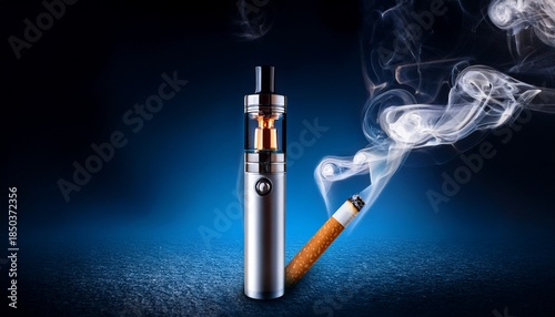 an electronic smoking e cig vape and a burning lit cigarette side by side wallpaper background
