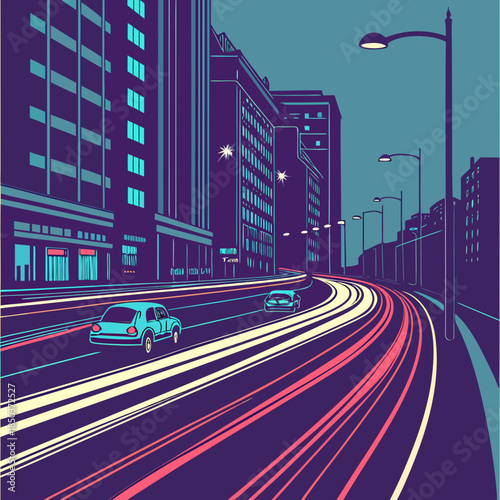 City traffic at night with moving cars and lights