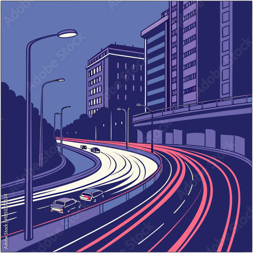 City traffic at night on busy urban roads with moving cars and lights