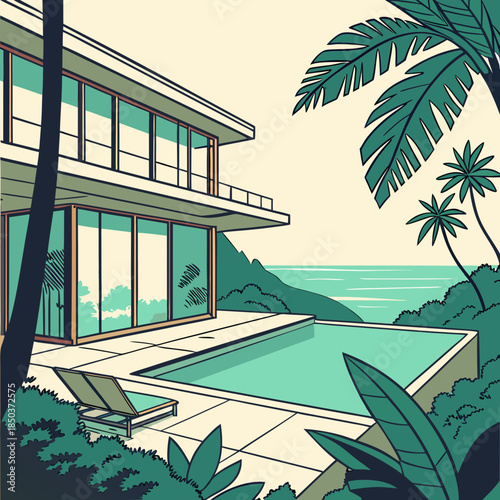 Tropical beach resort hotel with palm trees by the sea on a sunny summer day