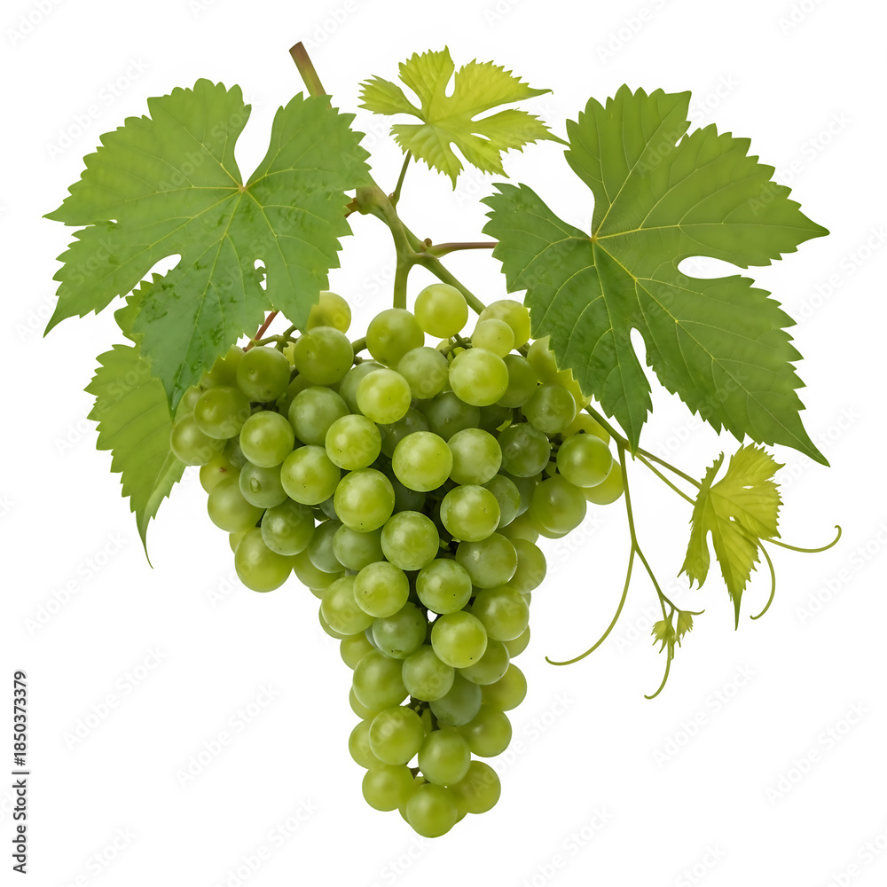 Obraz premium Fresh Green Grapes on a Vine With Leaves isolated on transparent or white background. PNG 