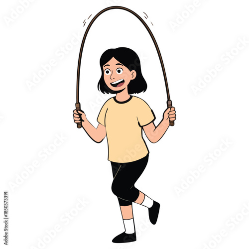Illustration of young girl happily jumping rope with a smile on her face