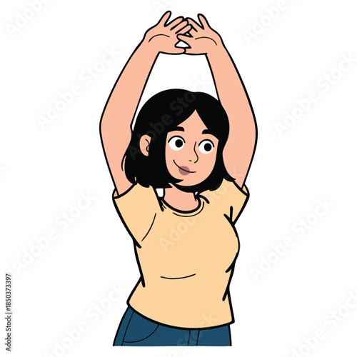 Illustration of young woman stretching arms overhead with hands clasped, smiling