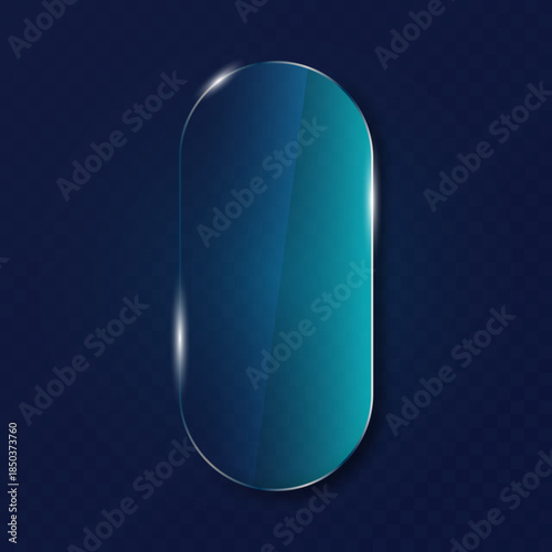 Realistic Transparent Blue Glass Pill Shape with Glossy Shine on Dark Background