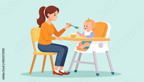 Mother feeding smiling baby in high chair. Happy infant mealtime and childcare illustration.