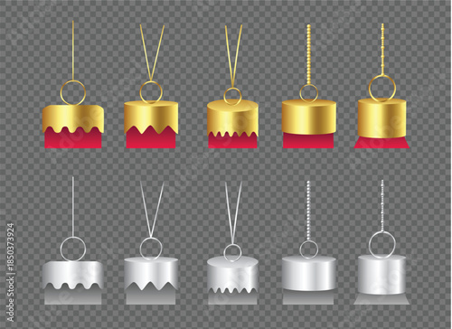 Gold and Silver Hanging Christmas Ornaments Caps with Strings Isolated on Transparent Background