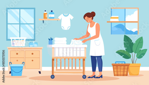 Woman Changing Baby's Diaper in Nursery. Daily Infant Care, New Parent Responsibilities, Childcare Routine Illustration.