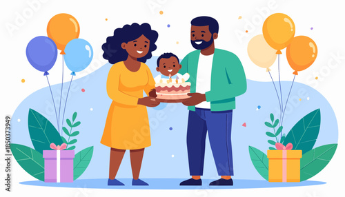 Happy African American Family Celebrating Baby's First Birthday with Cake, Balloons, and Gifts