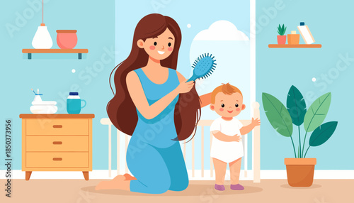 Caring Mother Brushing Her Baby's Hair: Daily Routine and Family Bond Illustration