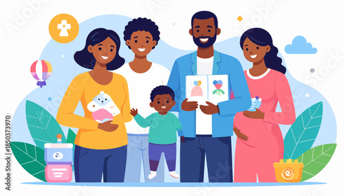 Happy Black family with pregnant mother and children, celebrating new baby and family growth illustration