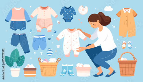 Mother organizing baby clothes and laundry for newborn care. Flat vector illustration of childcare routine and essentials.