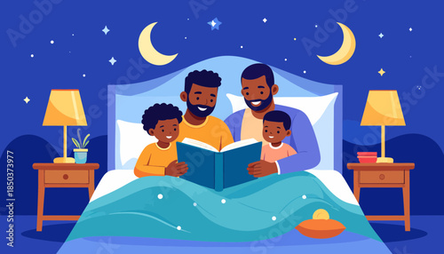Black Fathers Reading Bedtime Story to Sons Illustration in Cozy Bedroom at Night