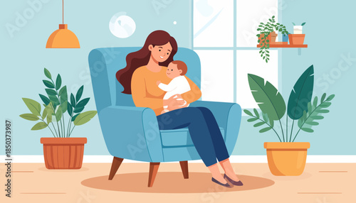 Mother Cradling Newborn Baby in Armchair at Home. Flat Illustration of Maternal Love, Family Care & Comfort.