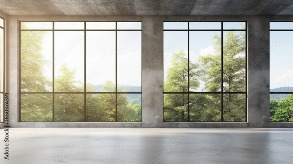 Fototapeta premium Spacious industrial loft with expansive floor-to-ceiling windows and sunlit exterior view