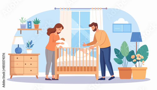 New Parents Tending to Baby in Crib at Home, Family Care and Love Illustration