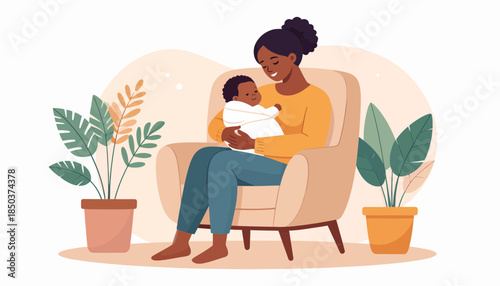 Happy Black Mother Cuddling Newborn Baby. Loving Family Moment and Motherhood Concept Illustration.