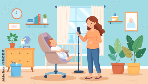 Mother records baby with smartphone at home. Daily life, modern parenting, family moments, and technology illustration.