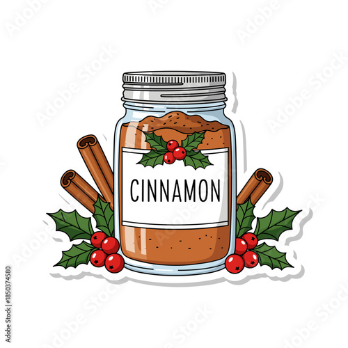 Cinnamon Spice Jar with Holly and Berries Sticker.