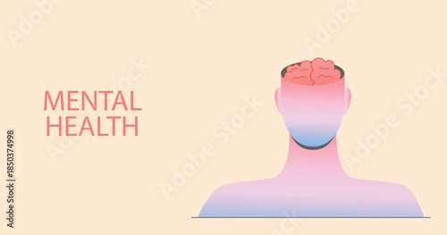 Abstract mental health illustration with open brain symbolizing emotional growth, mindfulness and psychological healing. Soft pastel background for wellness, therapy and self care banners.