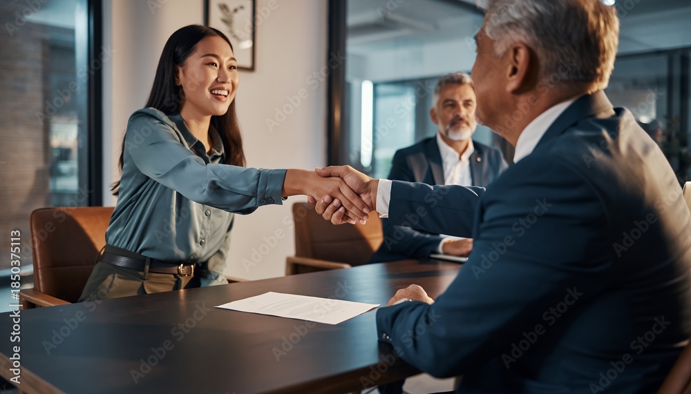 Fototapeta premium Smiling young Asian business professional shaking hands with senior executive across conference table, concept for successful hiring, partnership agreement and corporate merger