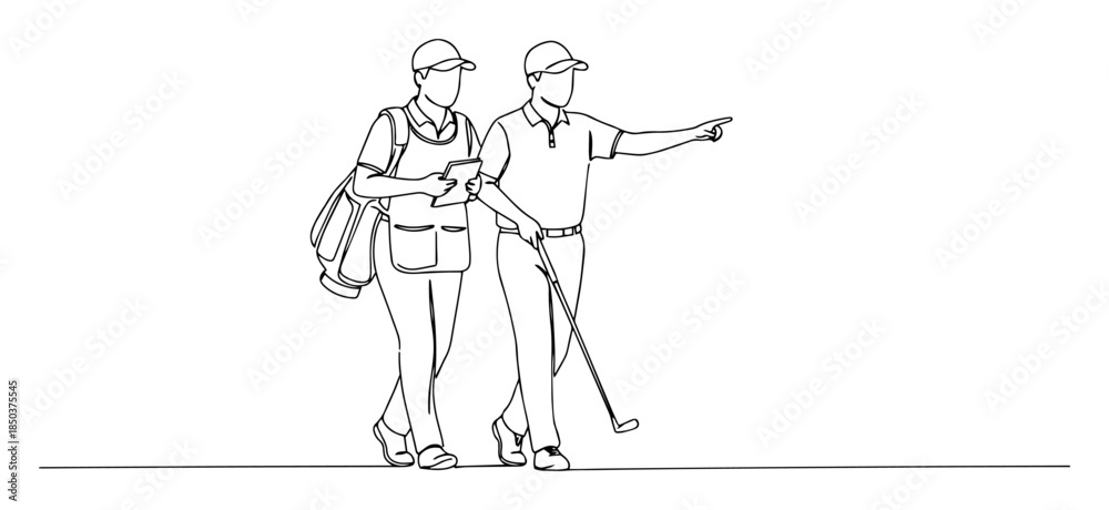 Fototapeta premium single continuous line drawing of a golfer and caddie on the course