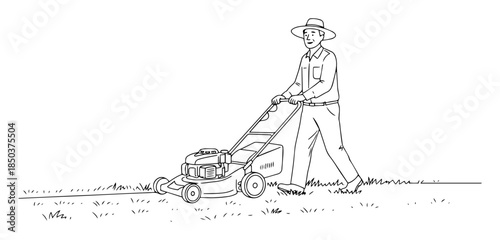 man mowing lawn with push mower line art vector illustration