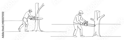 monochrome outline lumberjack cutting tree with chainsaw