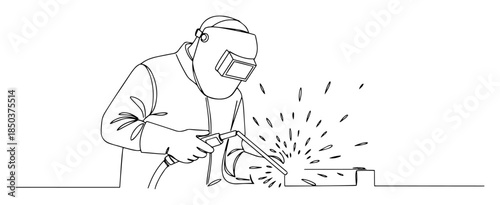 monochrome outline welder in protective helmet working with torch